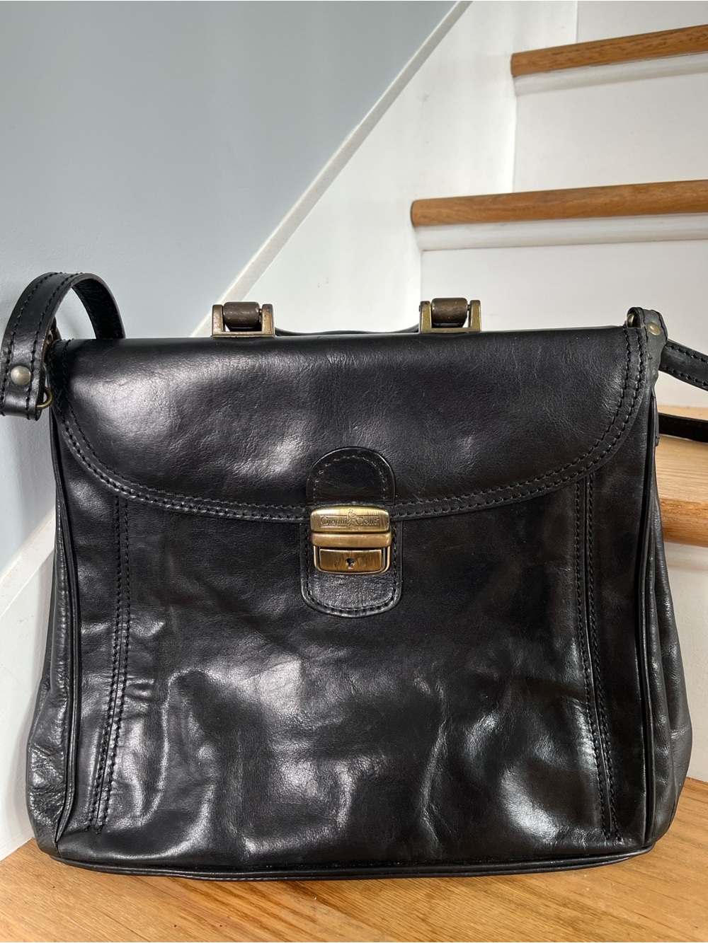 Gianni Conti Brand Men's Black Leather Bag with Brass Clasp